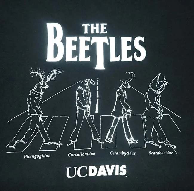 The t-shirt, "The Beetles," is available on the UC Davis Entomology Graduate Students' Association website.
