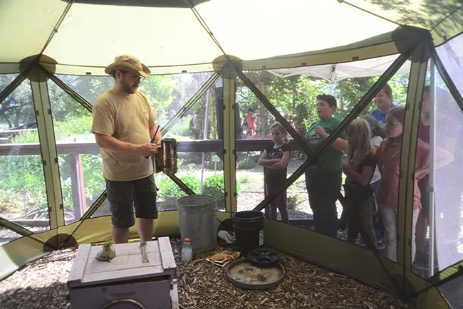 Matthew Hoepfinger, staff research associate in the E. L. Niño lab, presented the live bee demonstration. (Photo by Kathy Keatley Garvey)