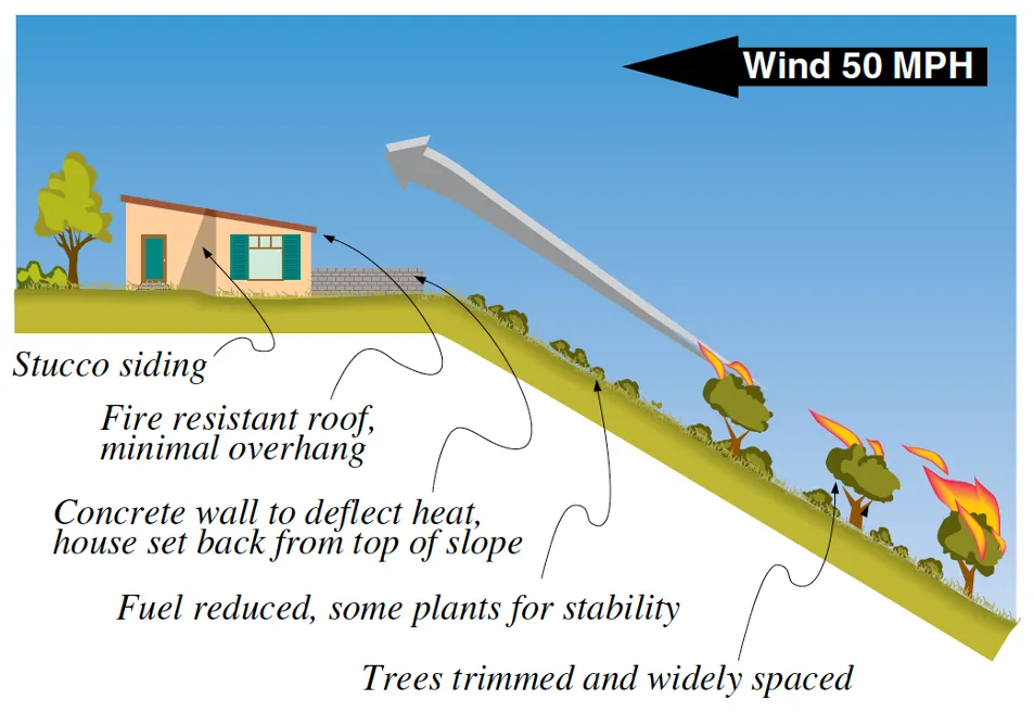 Landscaping and structure designed for fire safety Illustration: EBMUD