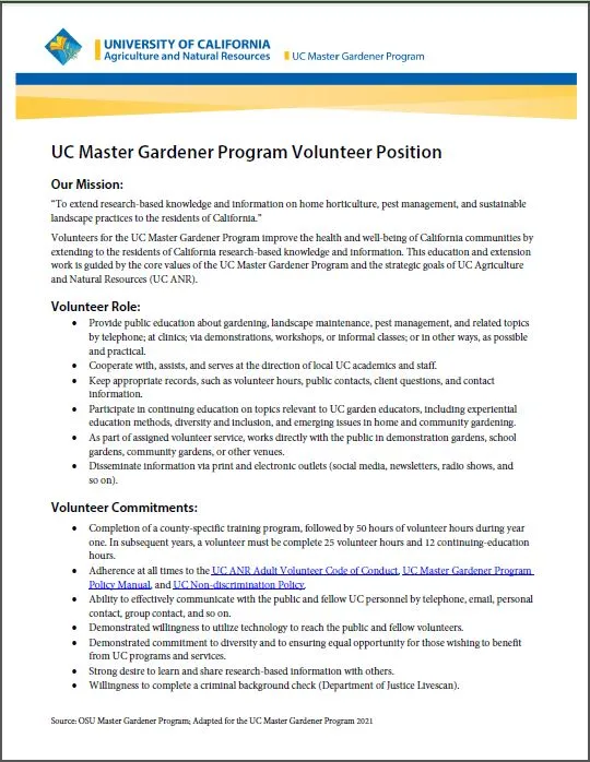 Screenshot of UC Master Gardener Program Volunteer Position Description PDF