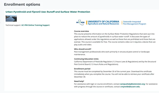 A screen shot of a course that won a gold award for the UC Statewide Integrated Pest Management Program in the ACE competition.