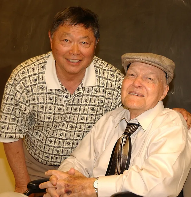 Richard "Doc" Bohart, seated, with UC Davis professor emeritus and entomologist Robert Washino on May 15, 2006 in Briggs Hall. The occasion: a ceremony honoring Bohart, recipient of the International Society of Hymenopterists' Distinguished Research Medal, then one of three ever awarded. (Photo by Kathy Keatley Garvey)