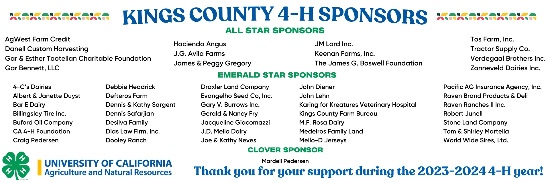 Names of the companies and individuals who donated to the Kings County 4-H program during the 2023-2024 program year. 