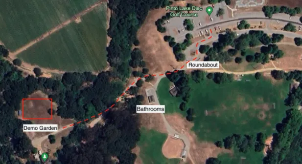 An aerial view of the path to the Pinto Lake Master Gardener Demonstration Garden