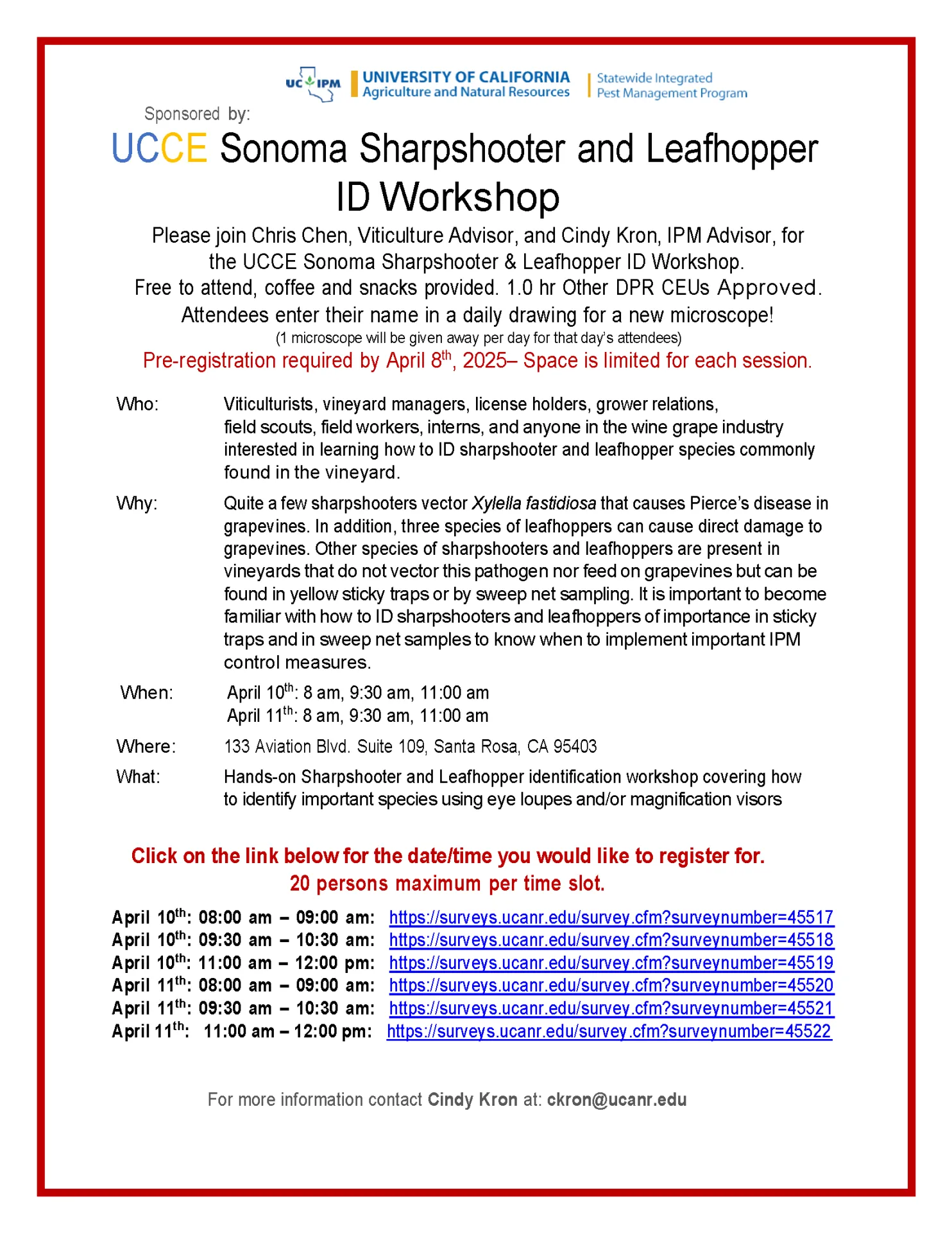 Flyer for Sonoma Sharpshooter ID Workshop. Please look below for workshop and registration information.