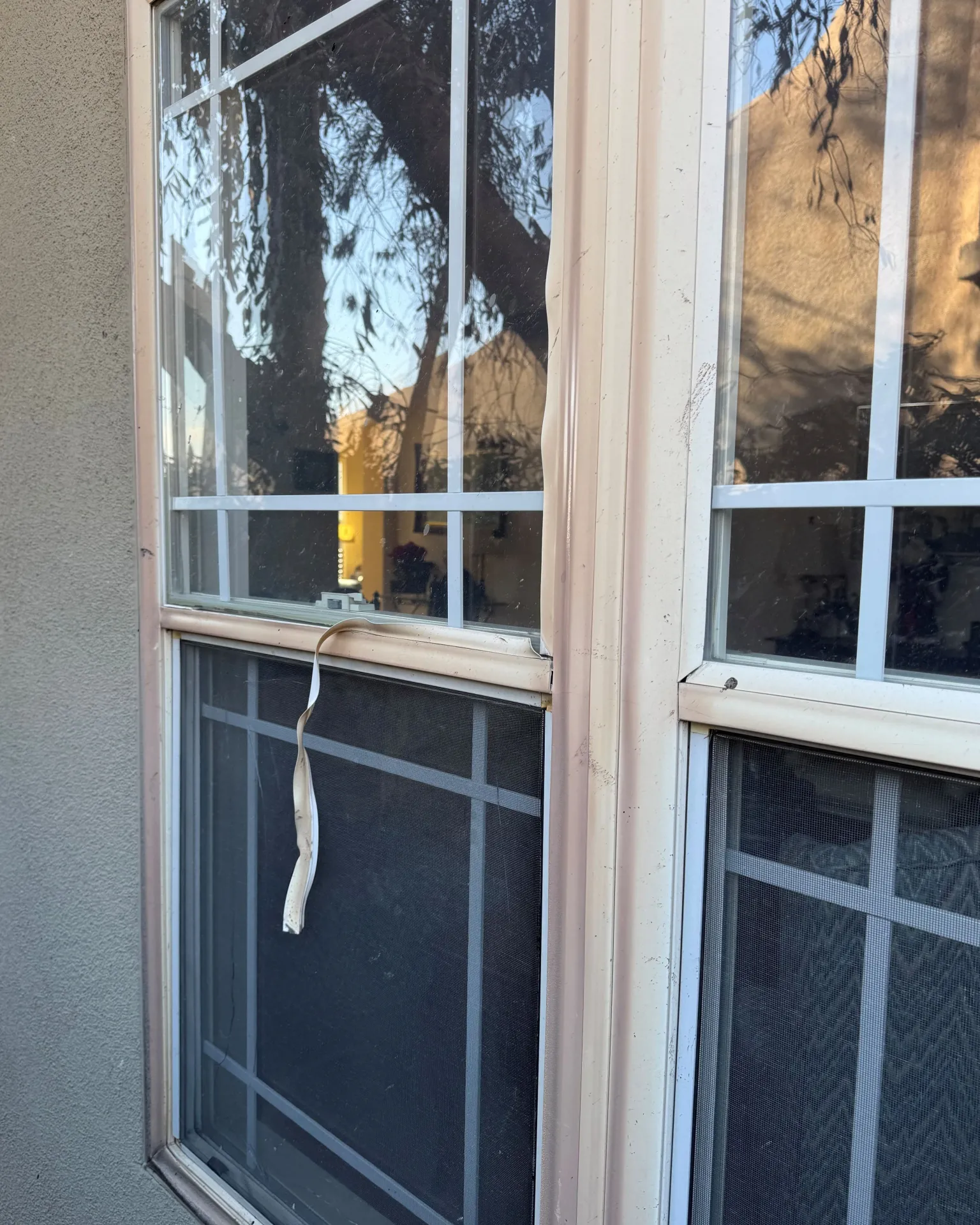 Vinyl frame and glazing of window deformed due to the radiant heat exposure