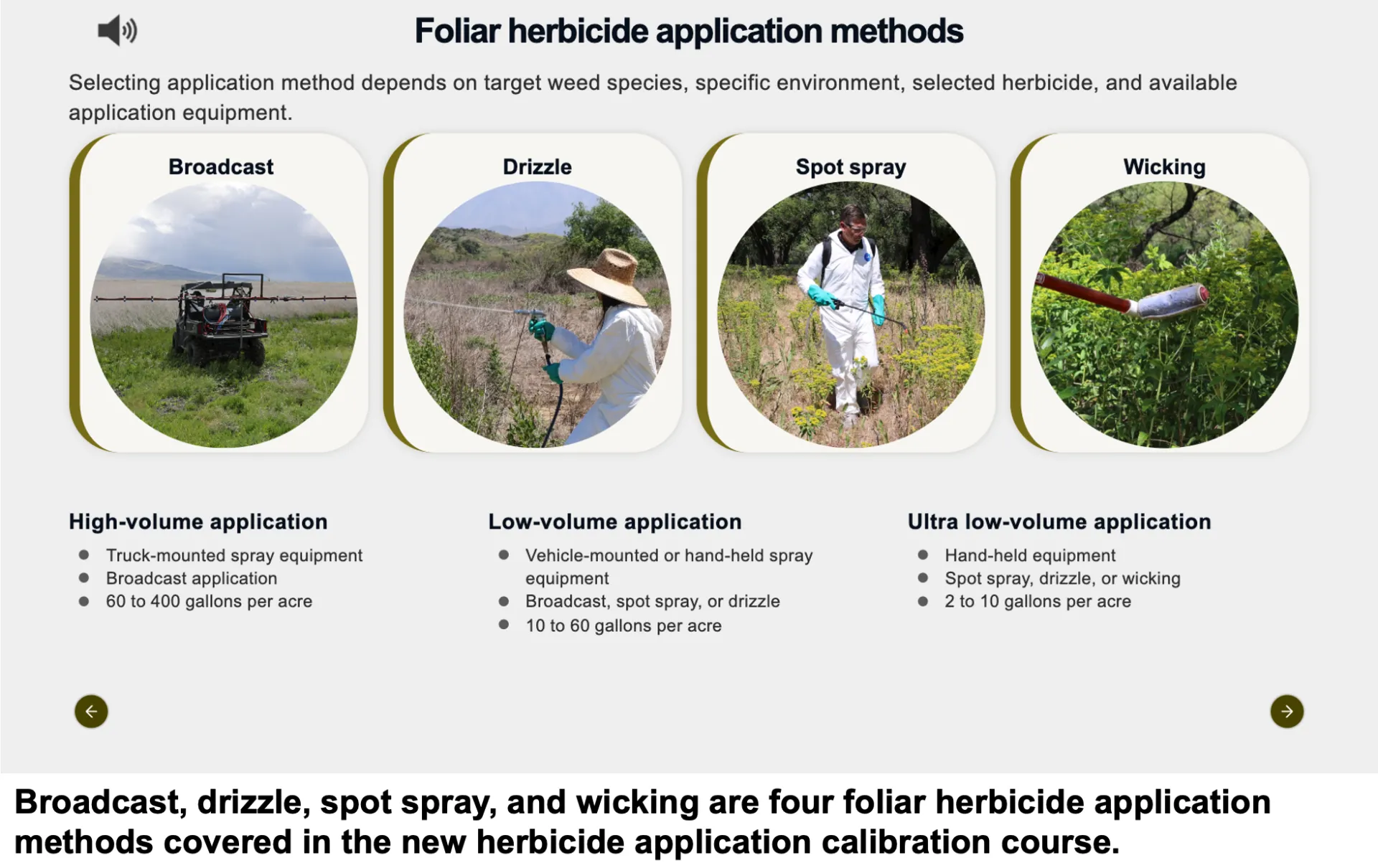 Screenshot of herbicide calibration application course showing broadcast, drizzle, spot spray, and wicking are four foliar herbicide application methods covered in the new course.