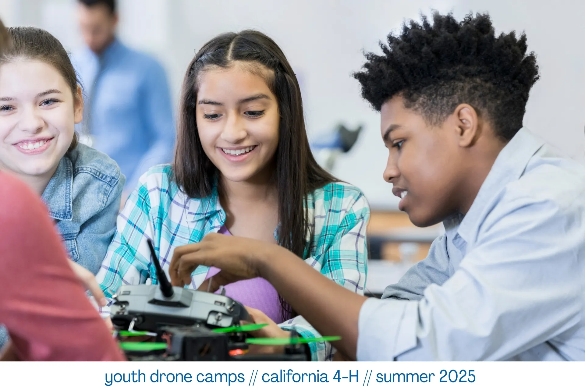 A small group of young people tinker with a drone