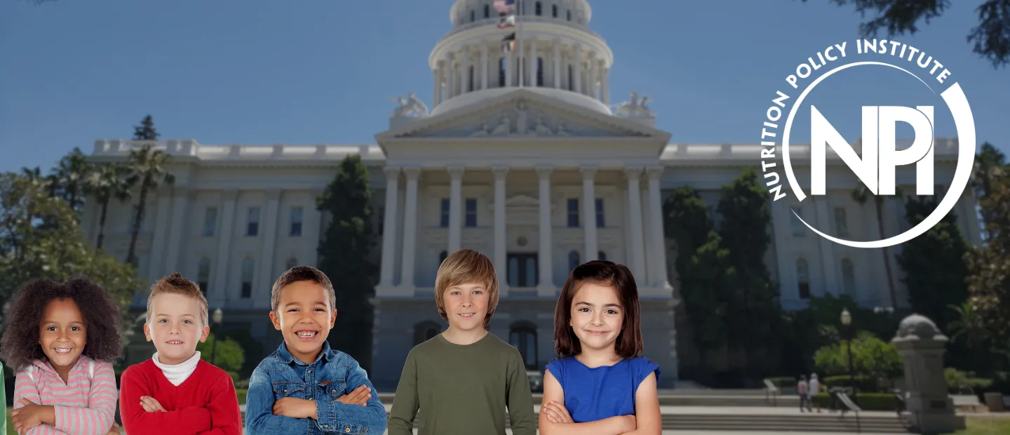 A group of children standing in front of the capitol building with the Nutrition Policy Institute logo on the right.