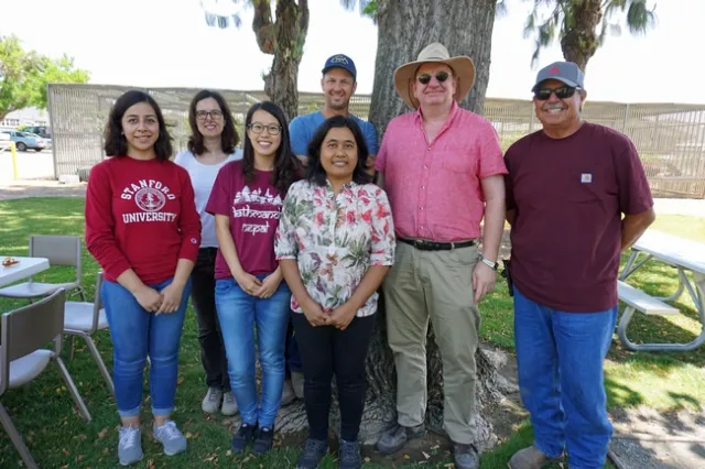 The Kearney nematology team. Left to right, Iris Montez, Carolina Eberlein, Yu-Chen Wang, Ryan Peckett, Zinthuzar Maung, Andreas Westphal and Tom Buzo.
