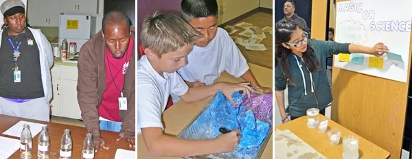 Afterschool program staff investigate water hardness in one of three training sessions (left), students trace where they hypothesize water will flow on their watershed model (center), and as part of a service learning project, a student demonstrates the effect of salinity during the water education fair (right). Photos by Marianne Bird.