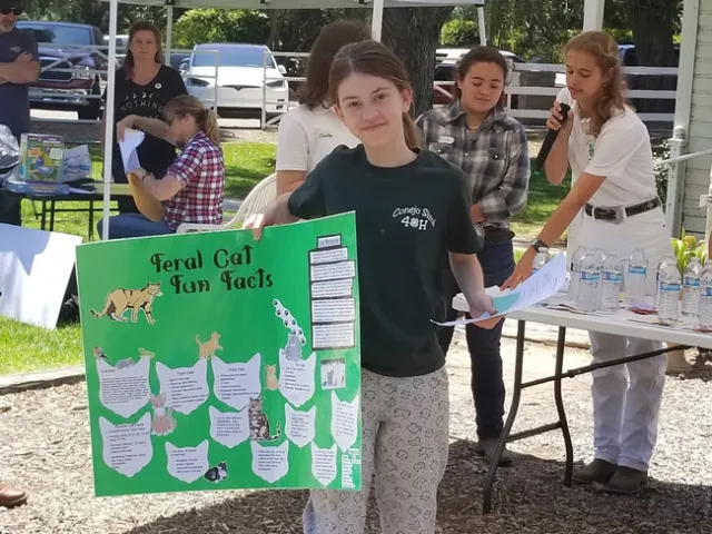 Emily (with microphone) gives awards to 4-H'ers including Samantha who brought an educational poster about feral cats.