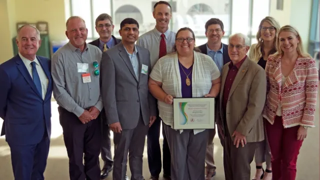 Members of the Almond Pest Management Alliance Team, which received the 2019 CDPR Integrated Pest Management Achievement Award. DPR for the IPM Achievement Award granted to the UC Almond Pest Management Alliance Team. Shown in the photo are (left to right), Val Dolcini (Director DPR), Brad Higbee (Trécé Inc.), Chuck Burks (USDA), Jhalendra Rijal (UC IPM), David Haviland (UCCE), Stephanie Rill (UCCE), and participants from the Almond Board Jesse Rosemond,