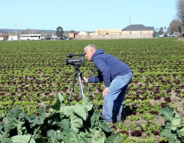 UC ANR Cropping Systems Cooperative Extension Specialist, Jeff Mitchell, filming weed management techniques in vegetable crop production in Salinas, CA for 26-episode vegetable video series