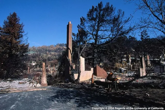 Fire damage from the 1991 Oakland Hills fire. Buildings can burn quickly if embers get inside and fall on flammable materials.