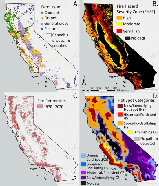 Para evaluar el riesgo de incendios forestales para los cultivos de cannabis, los investigadores sobrepusieron mapas de producción sobre mapas con zonas en riesgo de incendios, perímetros históricos de incendios forestales y áreas con posibilidades de experimentar un incremento en la actividad de incendios forestales.
