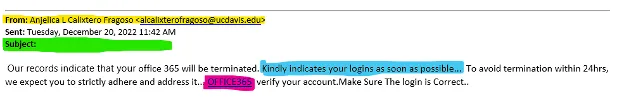 Highlighted email copy shows missing subject line and poorly constructed sentence.
