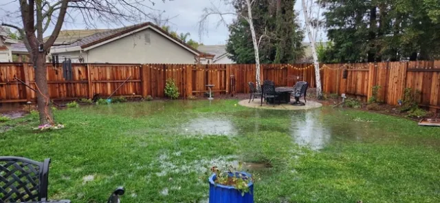 El jardín inundado en la parte trasera de una casa