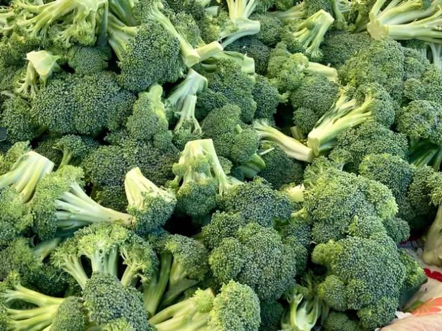 Broccoli crowns piled on a table
