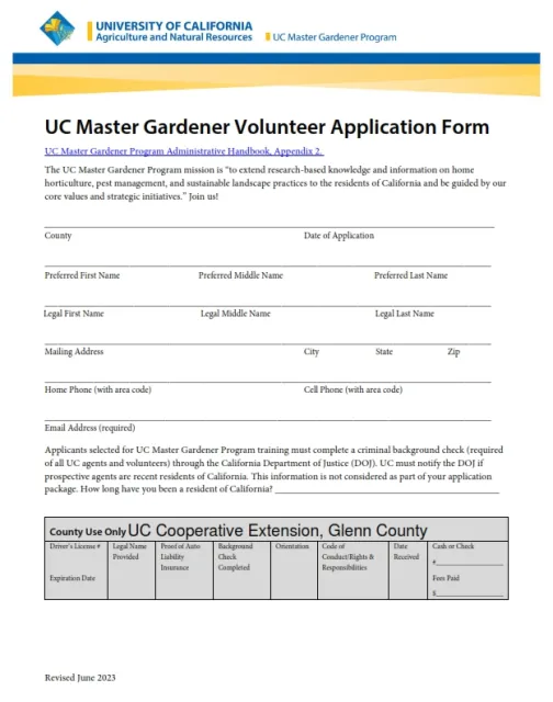 Glenn County UC Master Gardener Volunteer Application Form 2023