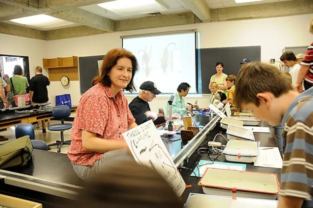 Aquatic entomologist Sharon Lawler answering questions about aquatic insects on UC Davis Picnic Day. (Photo by Kathy Keatley Garvey)