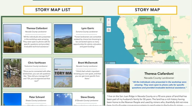 Images of boxes containing pictures and a name on left, a map of counties on the right.