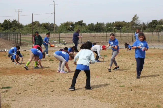 Elementary school kids pick up food off the ground using tools such as tweezers, tongs and spoons.