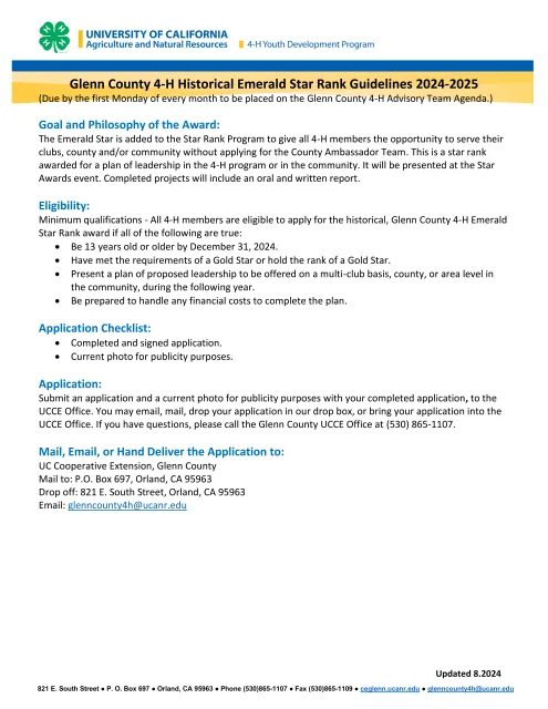 Glenn County 4-H Emerald Star Rank Guidelines and Application 2024-2025