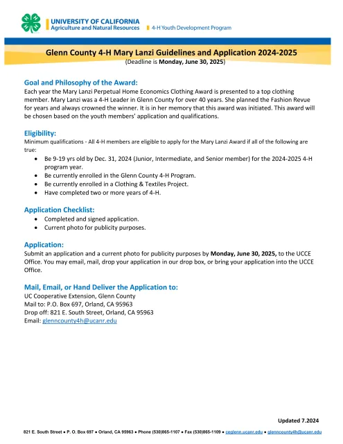 Glenn County 4-H Mary Lanzi Guidelines and Application 2024-2025