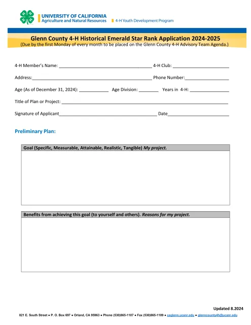 Glenn County 4-H Historical Emerald Star Project Application