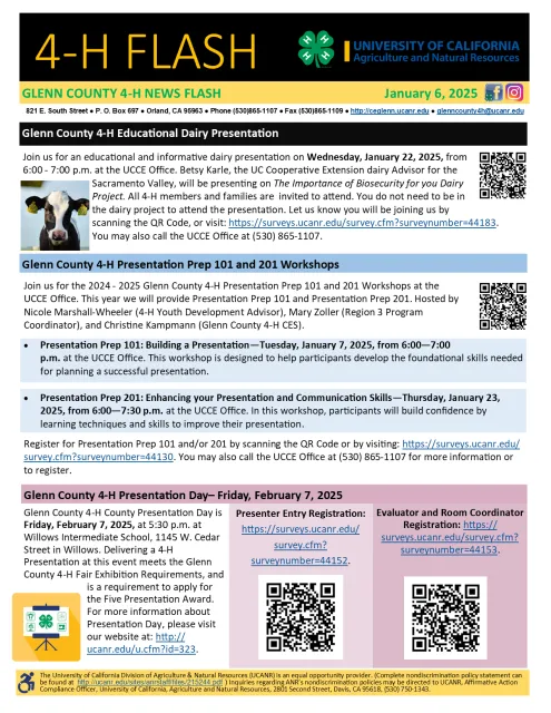 Glenn County 4-H News Flash Presentation Day, Presentation Prep 101 & 201, Dairy Presentation January 6, 2025