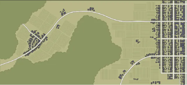 Diagram of houses clustered surrounded by large expanses of open space.
