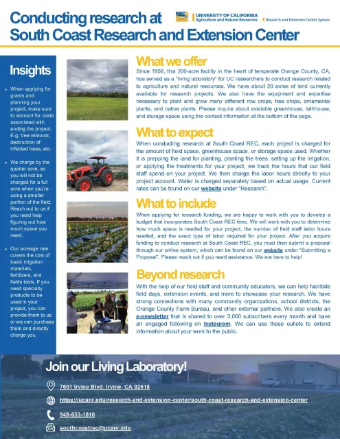 one-page document describing what it is like to conduct research at South Coast Research and Extension Center