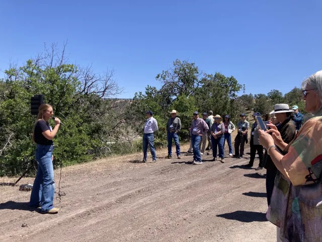 Blonde woman speaks into mic as the group listens. Green shrubs in background
