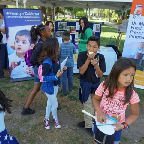 El programa ANR de UC colocó un puesto que atendió junto con personal del Programa Maestro para Preservar Alimentos de UC durante el día de campo del programa “Un millón de comidas de verano” para los jóvenes de Sacramento.