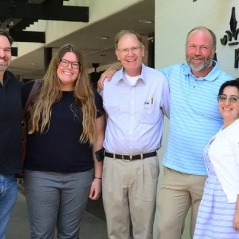 Brothers Craig and Lee Hazeltine recently hosted research award recipients Olivia Winokur and Maribel Portilla at a luncheon. UC Davis medical entomologist Geoffrey Attardo, assistant professor, UC Davis Department of Entomology and Nematology, joined them. From left are Geoffrey Attardo, Olivia Winokur, Craig Hazeltine, Lee Hazeltine and Maribel Portilla. (Photo by Kathy Keatley Garvey)