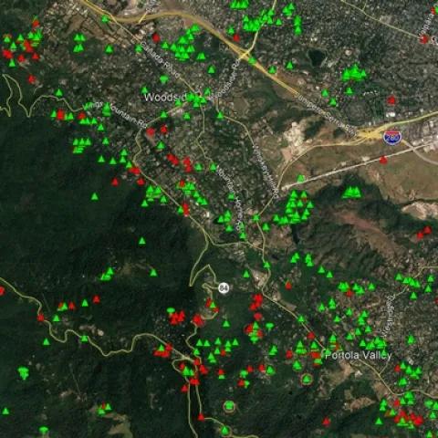 Google map shows results of the SOD blitzes available online at sodblitz.organd SODMAP.org. Green icons identify trees sampled that tested negative for SOD. Red icons were SOD-infected trees.