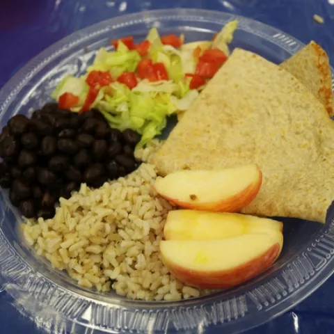 Judges plate of beans, rice, tortillas
