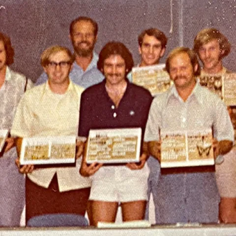 This image from a spring 1975 class taught by UC Davis entomology professor Robbin Thorp (back row, far left) shows students showing their collections. Gary Lamberti points out he is in the front row, second from right "in the dark blue shirt with all the dark hair."