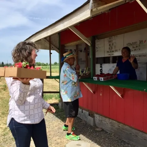 Lloyd holds a flat of strawberries in one hand as she speaks to the woman at the farm stand.