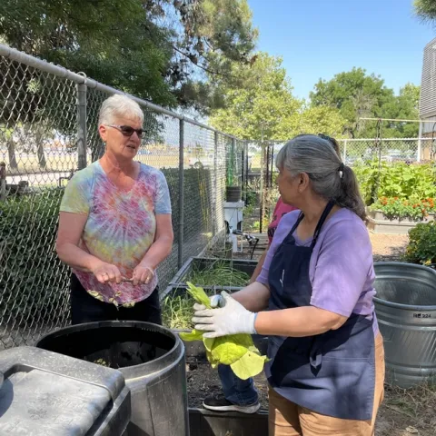 Two women standing near a black bin holding green materials.
