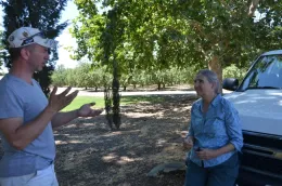 A discussion taking place in the shade on a hot day.