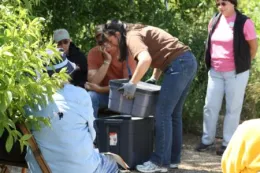 Master Gardener Teresa L shows the group a worm composting container
