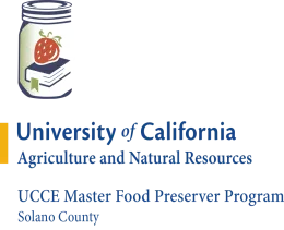 University of California Agriculture and Natural Resources, UCCE Master Food Preserver Program Solano County logo with a strawberry on a book in a jar