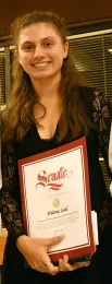 Helena Leal with scholarship from the Mexican-American Yolo County Concilio (Photo by Kathy Keatley Garvey)