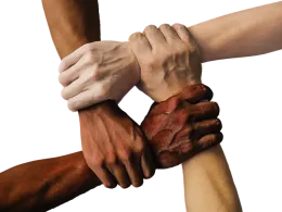 Four hands of light to dark skin color grip the wrist of another to form a closed link.