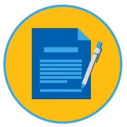 Services & Contracting Out Icon yellow and blue graphic with a paper and pen image