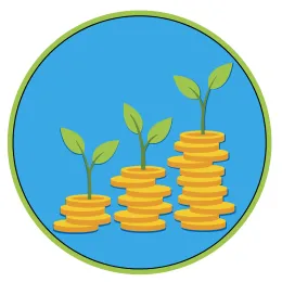 UCCE Funding Allocations Icon - three stacks of coins with green plants sprouting from the tops - blue background