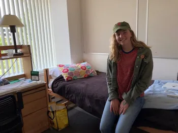 Addie in our dorm at UC Davis