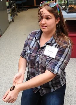 Bohart Museum associate Emma Cluff, shown here with residents of the insect museum's petting zoo, curated the silkworm and silk display. (Photo by Kathy Keatley Garvey)